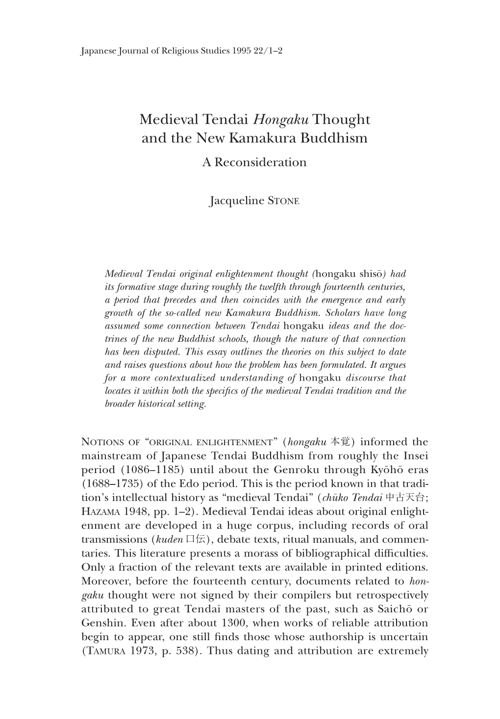 Medieval Tendai Hongaku Thought and the New Kamakura Buddhism a Reconsideration