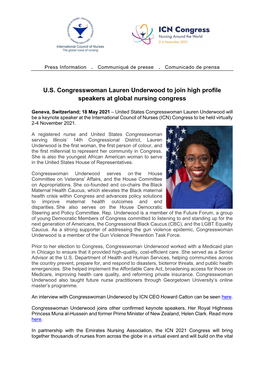 U.S. Congresswoman Lauren Underwood to Join High Profile Speakers at Global Nursing Congress