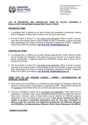 List of Prohibited and Controlled Items by Police Licensing & Regulatory Department/Singapore Police Force