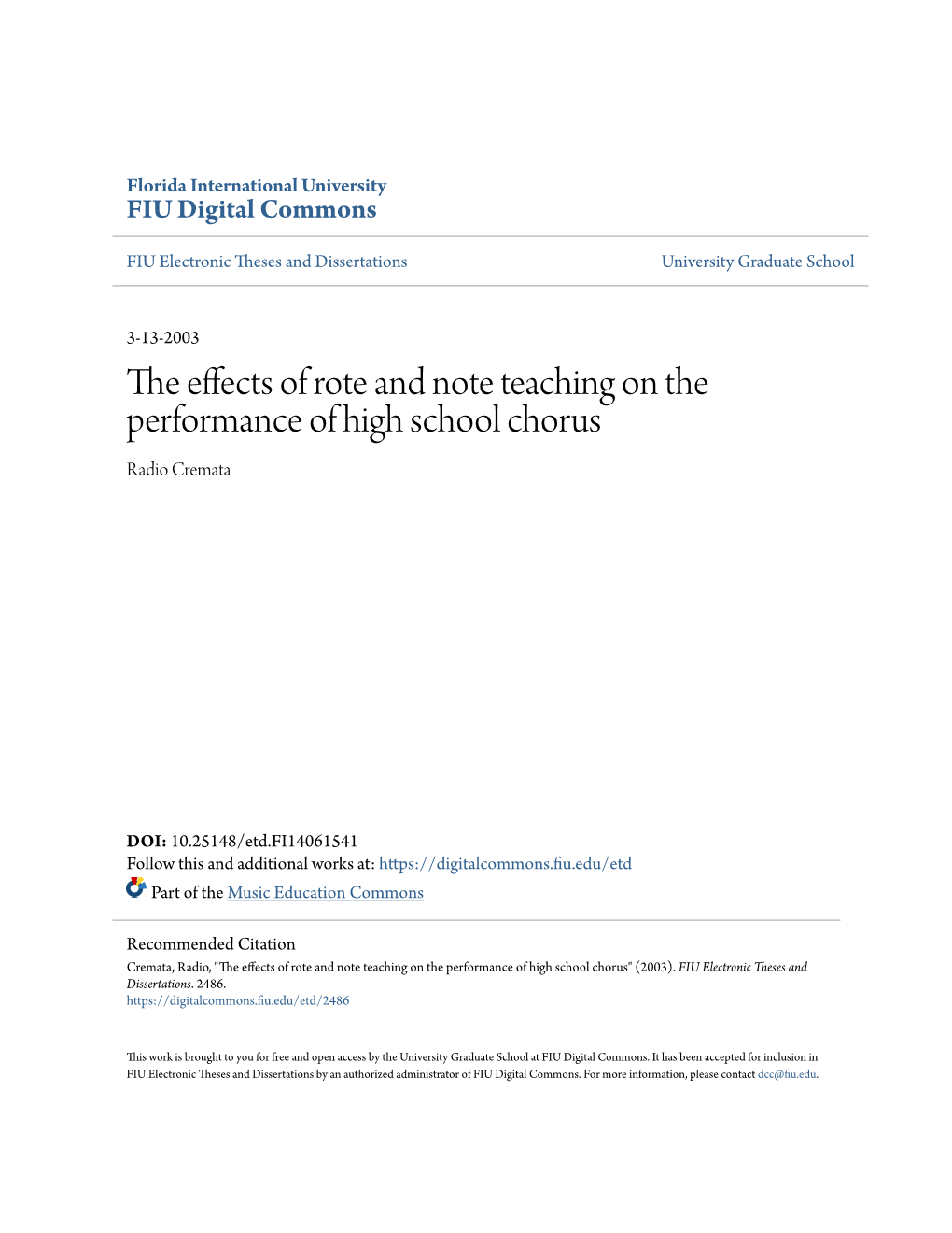 The Effects of Rote and Note Teaching on the Performance of High School Chorus Radio Cremata
