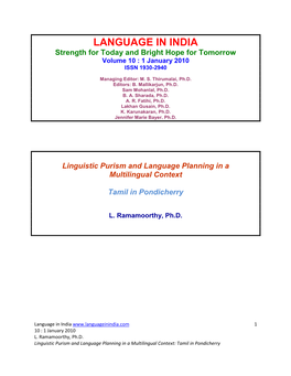 LANGUAGE in INDIA Strength for Today and Bright Hope for Tomorrow Volume 10 : 1 January 2010 ISSN 1930-2940