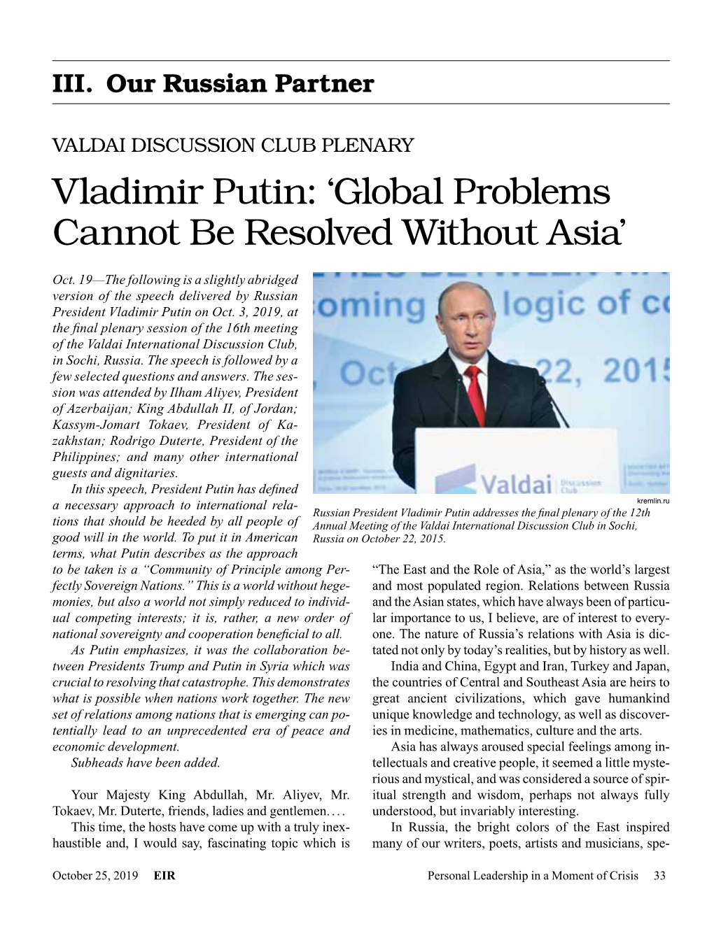 Vladimir Putin: 'Global Problems Cannot Be Resolved Without Asia'