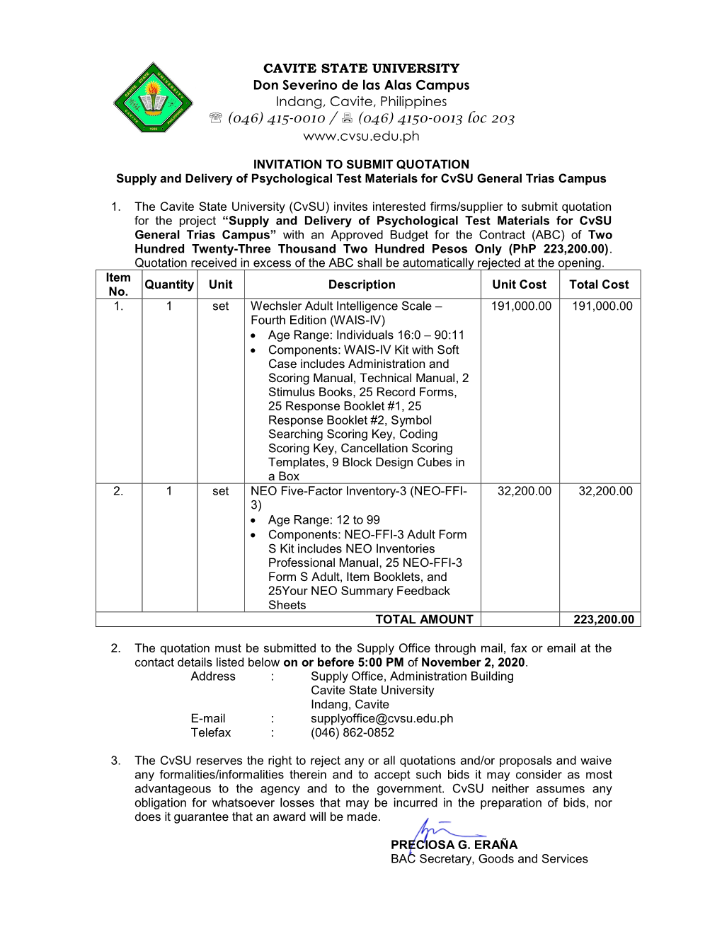 Supply and Delivery of Psychological Test Materials for Cvsu General Trias Campus