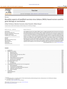 Biosafety Aspects of Modified Vaccinia Virus Ankara (MVA)