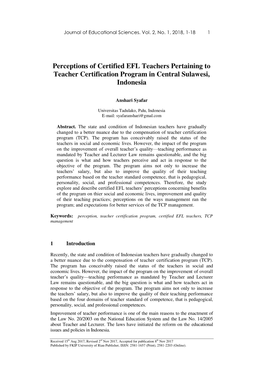 Perceptions of Certified EFL Teachers Pertaining to Teacher Certification Program in Central Sulawesi, Indonesia