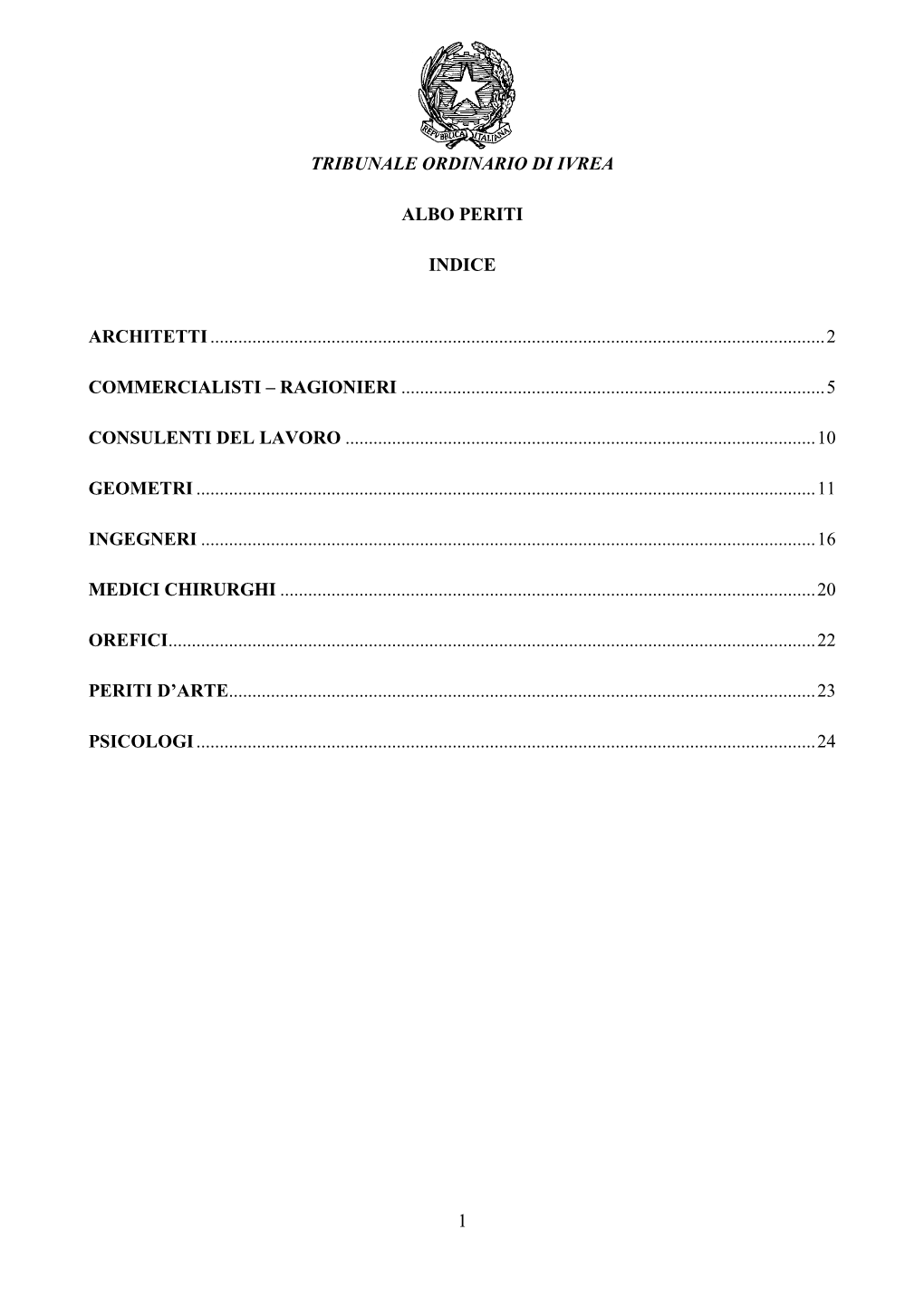 1 Tribunale Ordinario Di Ivrea Albo Periti Indice Architetti