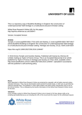 Buddhist Buildings in England: the Construction of 'Underrepresented' Faith Heritage in a Multicultural and Post-Christian Setting