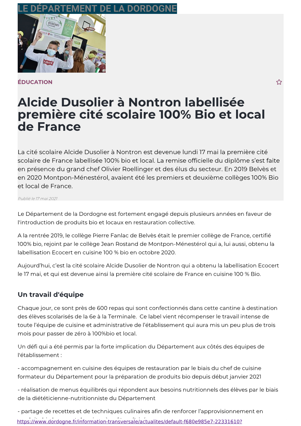 Alcide Dusolier À Nontron Labellisée Première Cité Scolaire 100% Bio Et Local De France