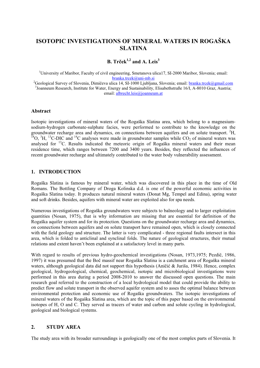 Isotopic Investigations of Mineral Waters in Rogaška Slatina