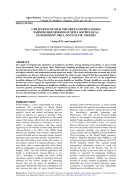 Utilization of Healthcare Facilities Among Farming Households in Yewa South Local Government Area, Ogun State, Nigeria