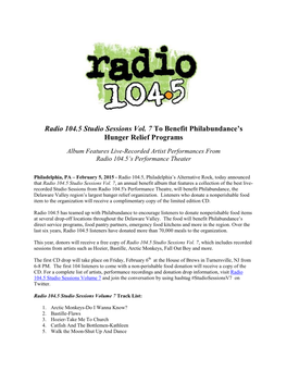 Radio 104.5 Studio Sessions Vol. 7 to Benefit Philabundance's Hunger Relief Programs