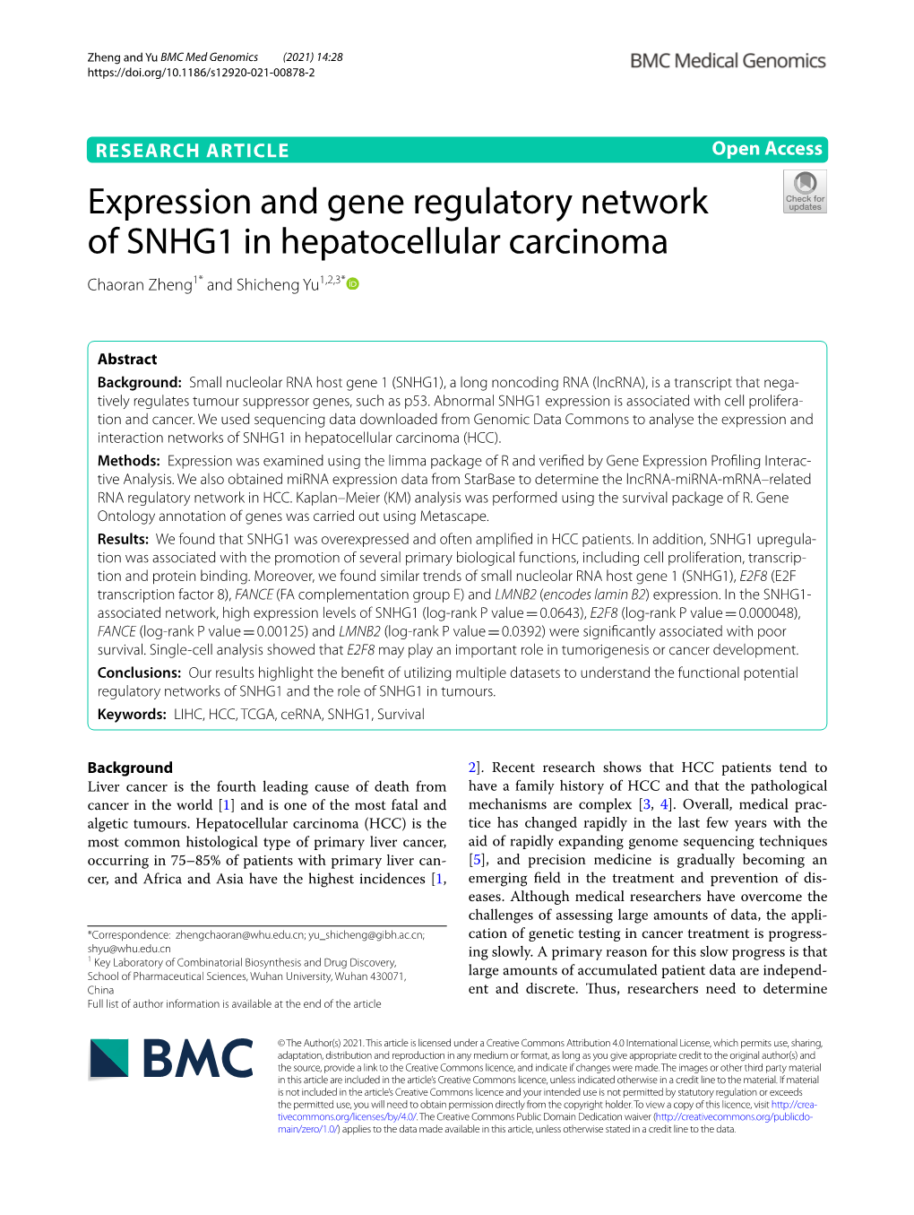 Downloaded from Genomic Data Commons to Analyse the Expression and Interaction Networks of SNHG1 in Hepatocellular Carcinoma (HCC)
