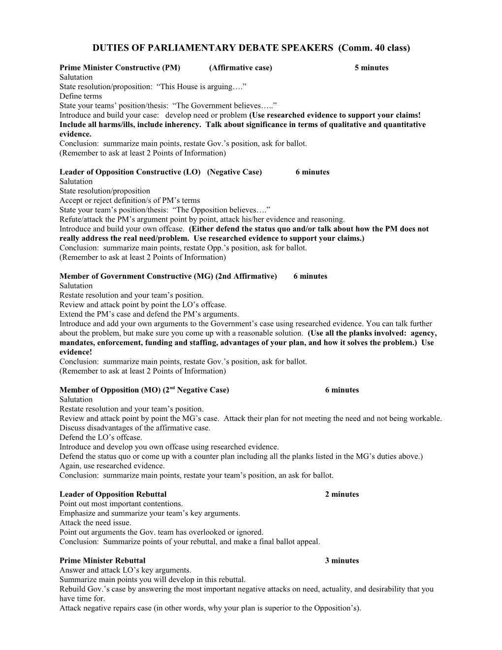 Duties of Parliamentary Debate Speakers