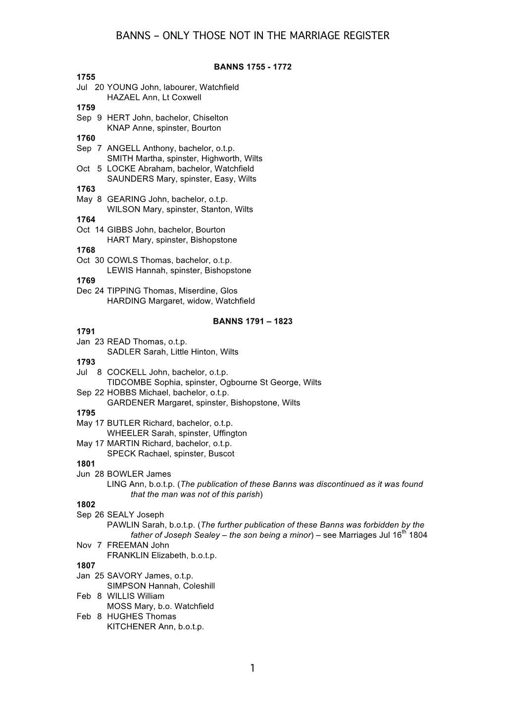 Banns – Only Those Not in the Marriage Register 1