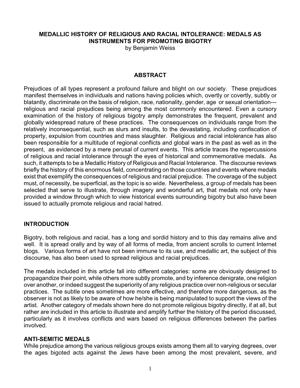 MEDALLIC HISTORY of RELIGIOUS and RACIAL INTOLERANCE: MEDALS AS INSTRUMENTS for PROMOTING BIGOTRY by Benjamin Weiss