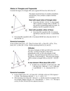 Ratios in Triangles and Trapezoids Consider This Figure of a Triangle ABC and a Segment DE from Line AB to Line AC
