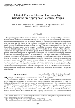 Clinical Trials of Classical Homeopathy: Reflections on Appropriate Research Designs
