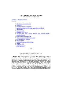 THE KARNATAKA HIGH COURT ACT, 1961 ARRANGEMENT of SECTIONS Statement of Objects and Reasons Sections