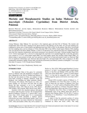 Meristic and Morphometric Studies on Indus Mahseer Tor Macrolepis (Teleostei: Cyprinidae) from District Attock, Pakistan