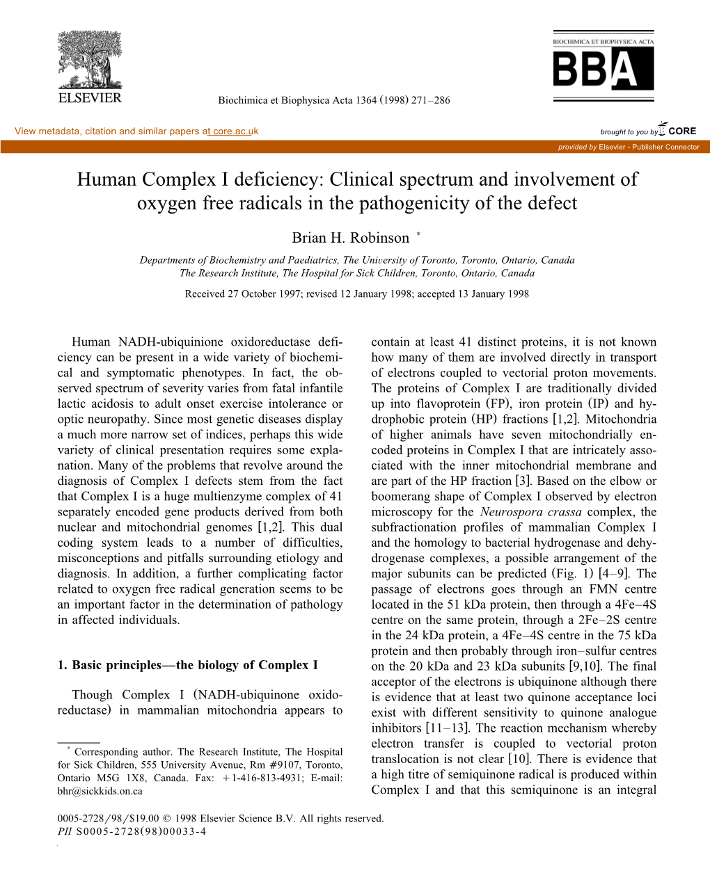 Human Complex I Deficiency: Clinical Spectrum and Involvement of Oxygen Free Radicals in the Pathogenicity of the Defect