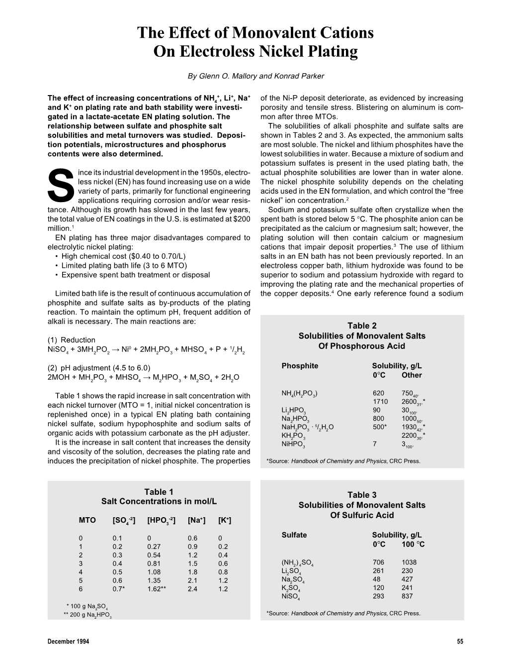 The Effect of Monovalent Cations on Electroless Nickel Plating