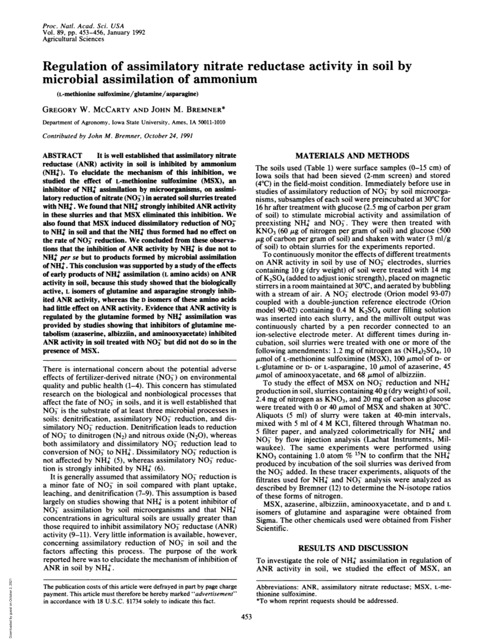 Microbial Assimilation of Ammonium (L-Methionine Sulfoximine/Glutamine/Asparagine) GREGORY W