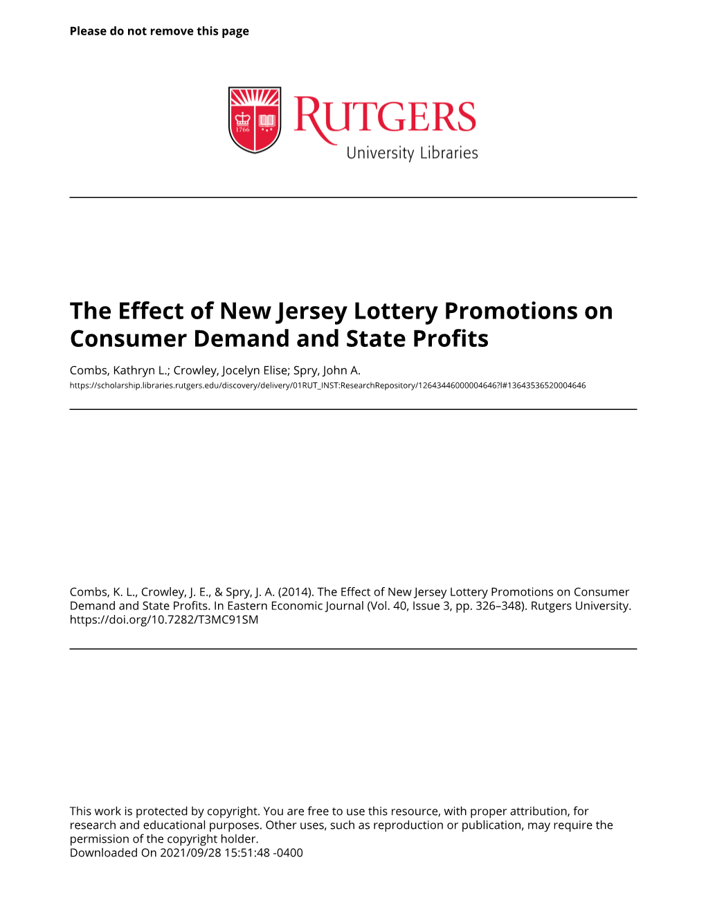 The Effect of New Jersey Lottery Promotions on Consumer Demand and State Profits