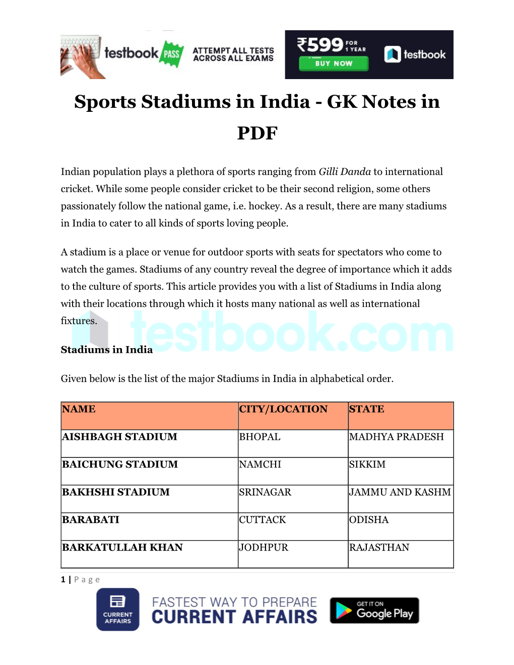 Sports Stadiums in India - GK Notes in PDF