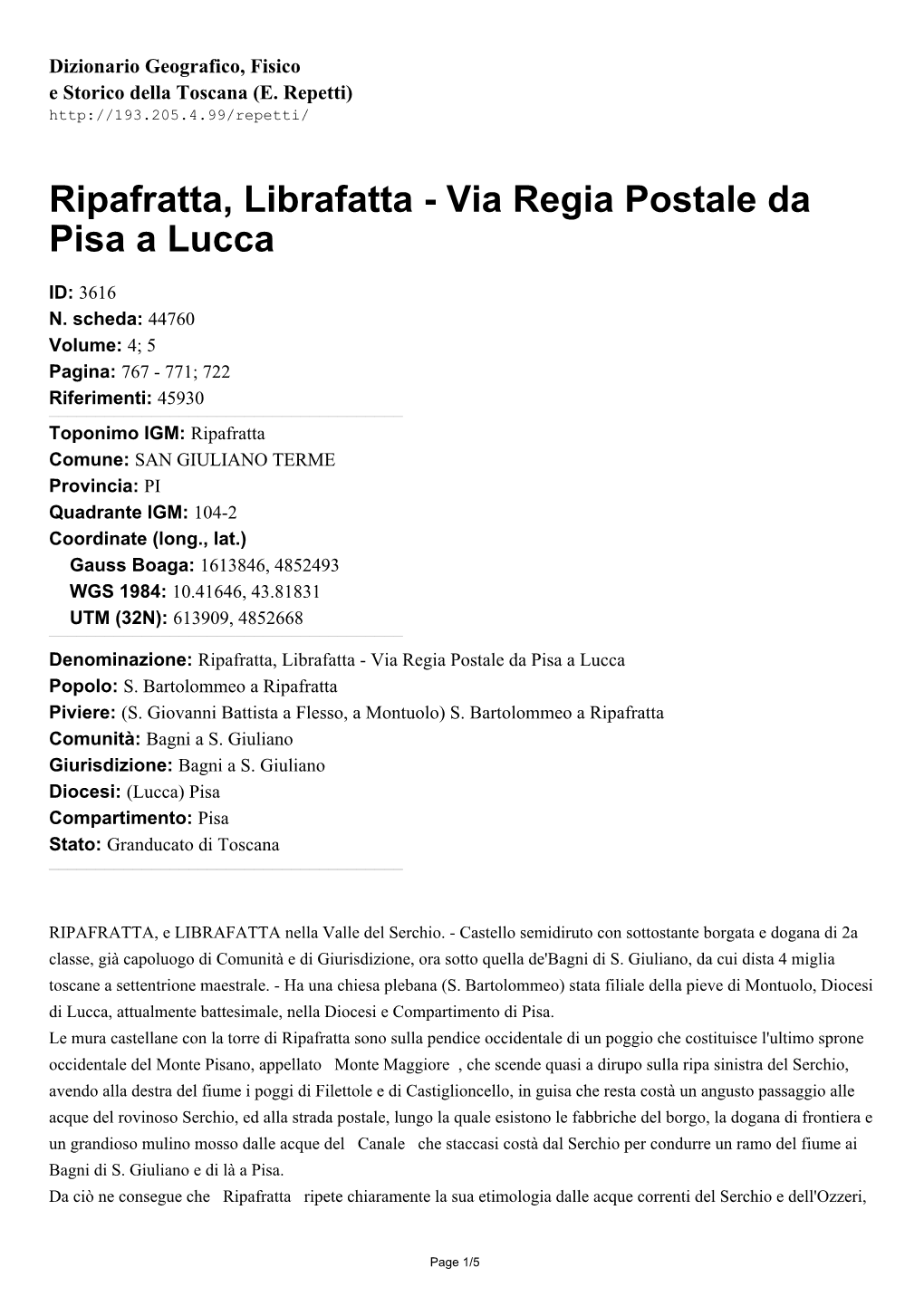 Ripafratta, Librafatta - Via Regia Postale Da Pisa a Lucca