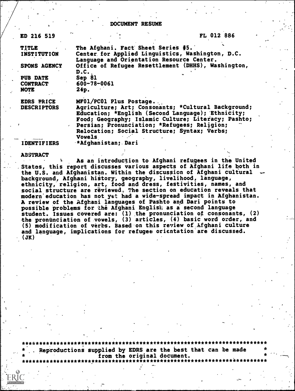 DOCUMENT RESUME ED 216 519 FL 012 886 TITLE the Afghani. Fact