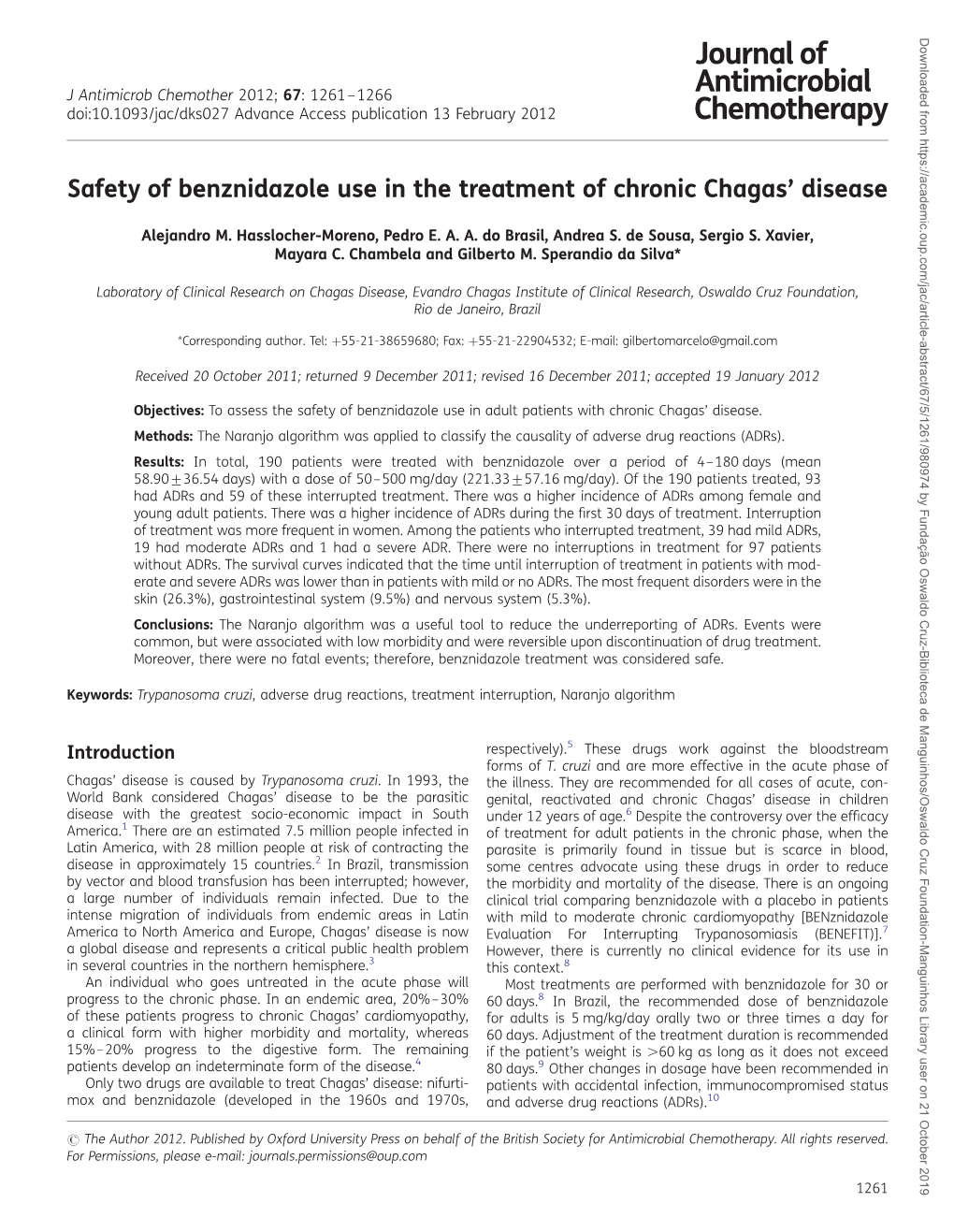 Safety of Benznidazole Use in the Treatment of Chronic Chagas' Disease