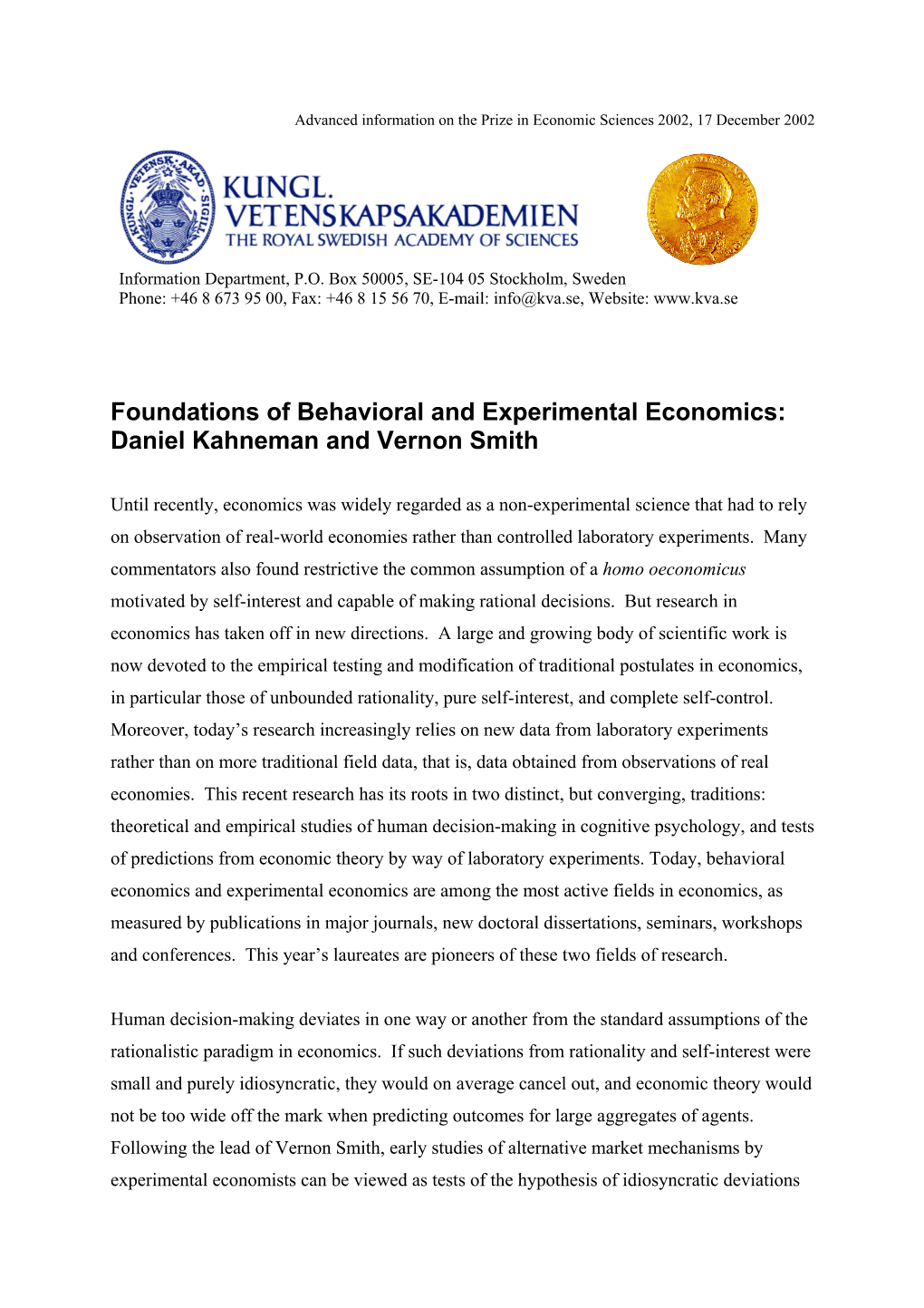 Advanced Information on the Prize in Economic Sciences 2002, 17 December 2002