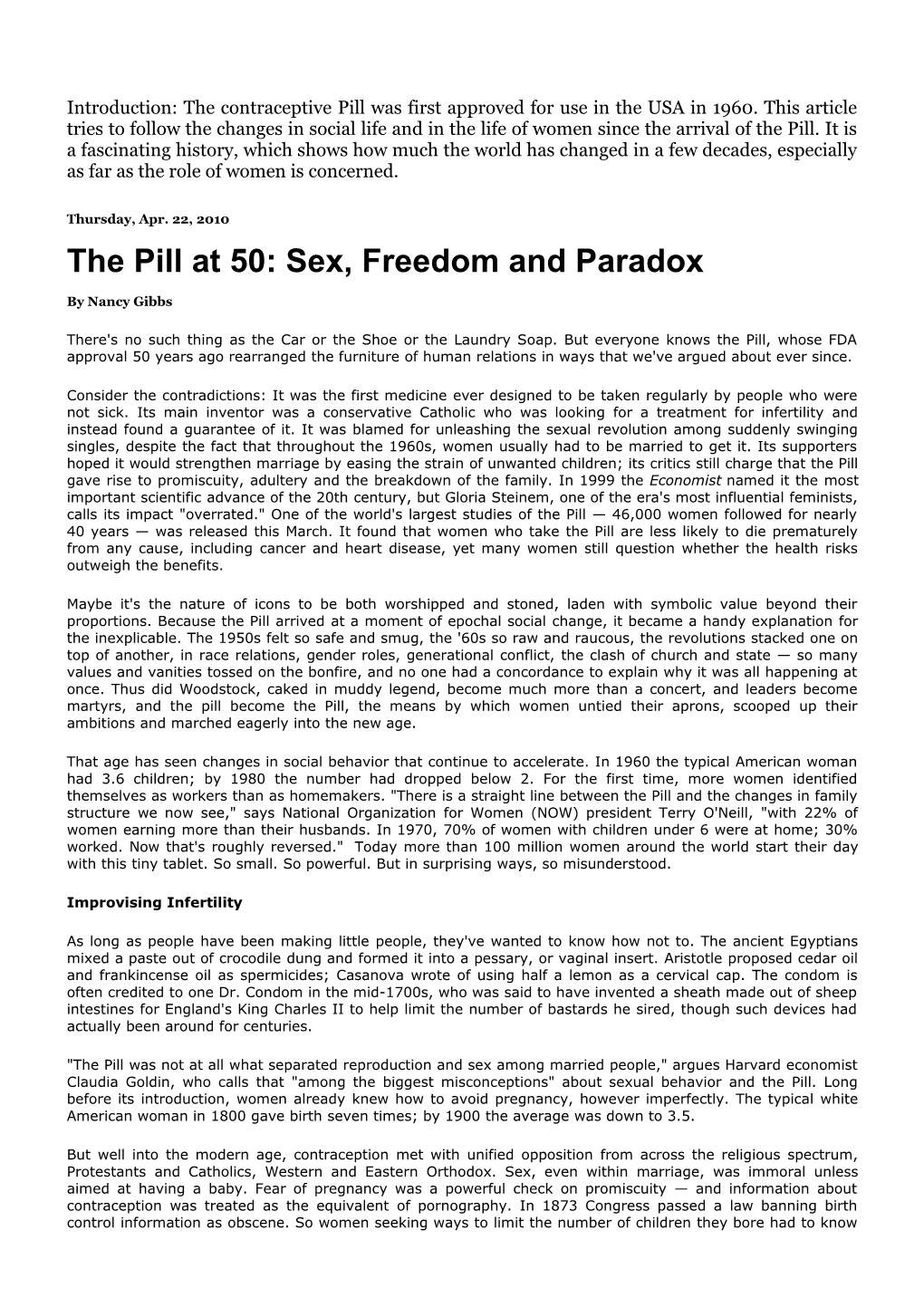 The Pill at 50: Sex, Freedom and Paradox