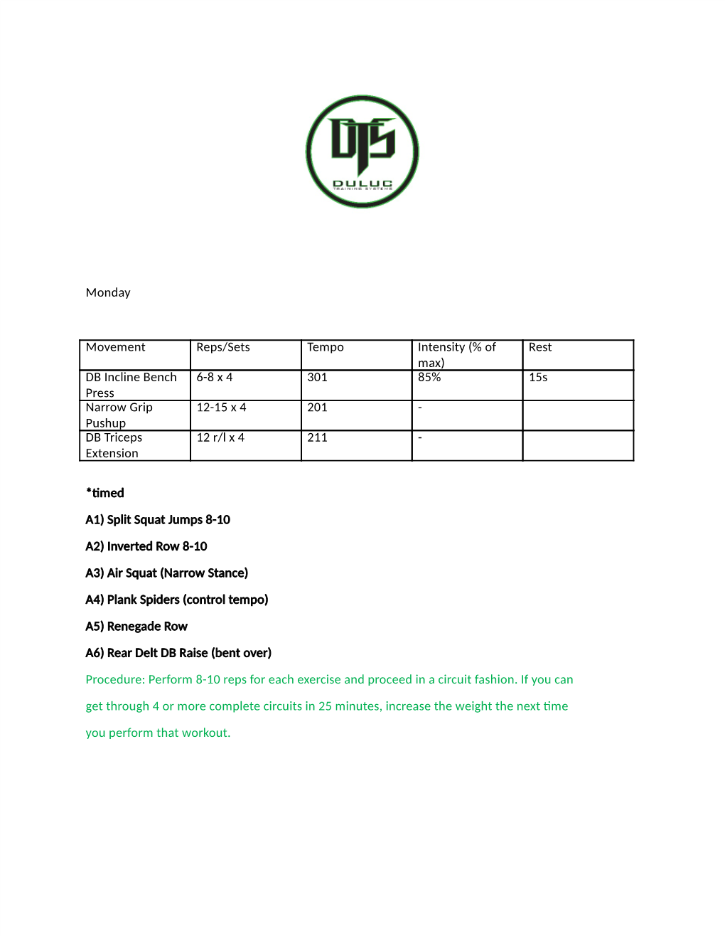 Monday Movement Reps/Sets Tempo Intensity (% of Max) Rest DB Incline