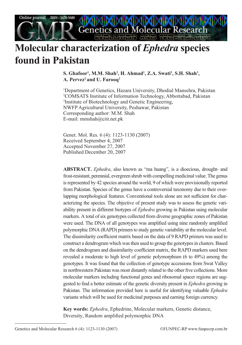 Molecular Characterization of Ephedra Species Found in Pakistan S