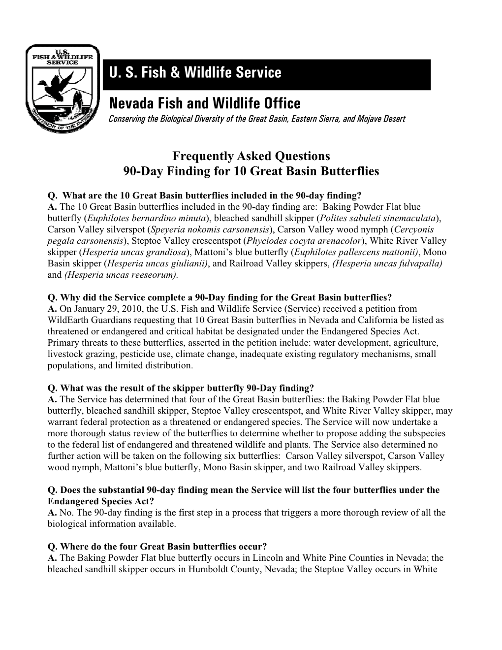 Nevada Fish and Wildlife Office Conserving the Biological Diversity of the Great Basin, Eastern Sierra, and Mojave Desert