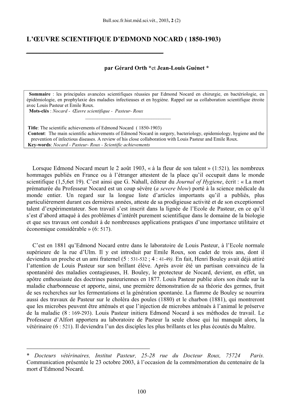 L'œuvre Scientifique D'edmond Nocard ( 1850-1903