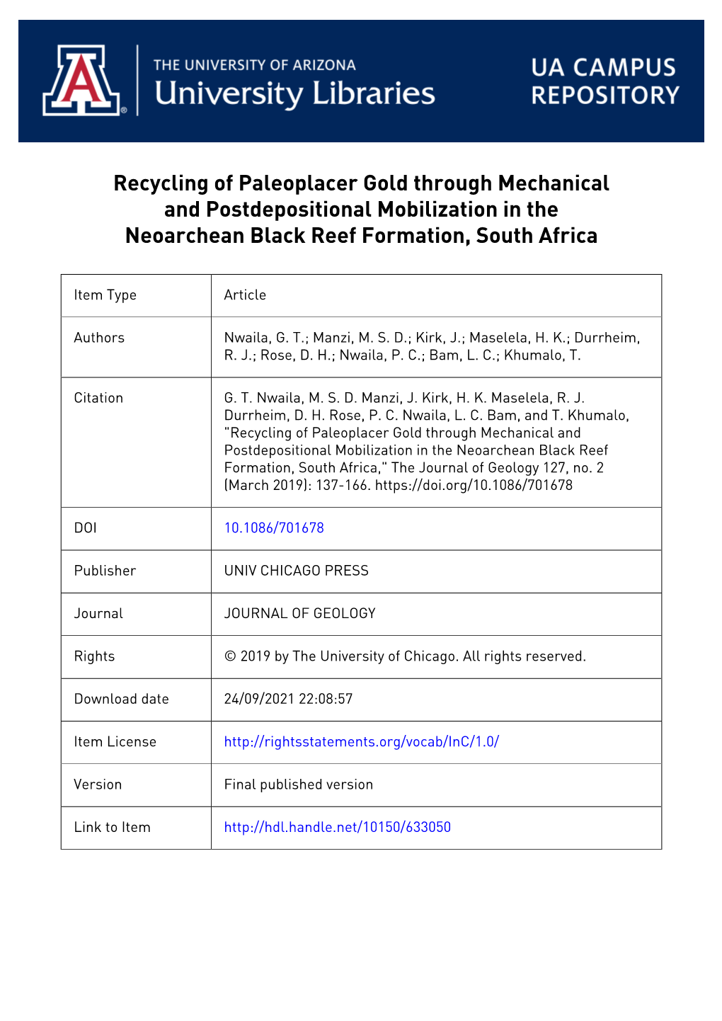 Recycling of Paleoplacer Gold Through Mechanical and Postdepositional Mobilization in the Neoarchean Black Reef Formation, South Africa