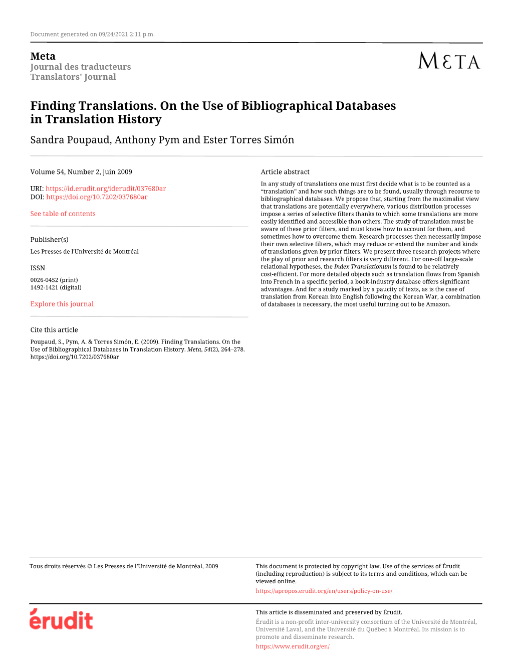 Finding Translations. on the Use of Bibliographical Databases in Translation History Sandra Poupaud, Anthony Pym and Ester Torres Simón