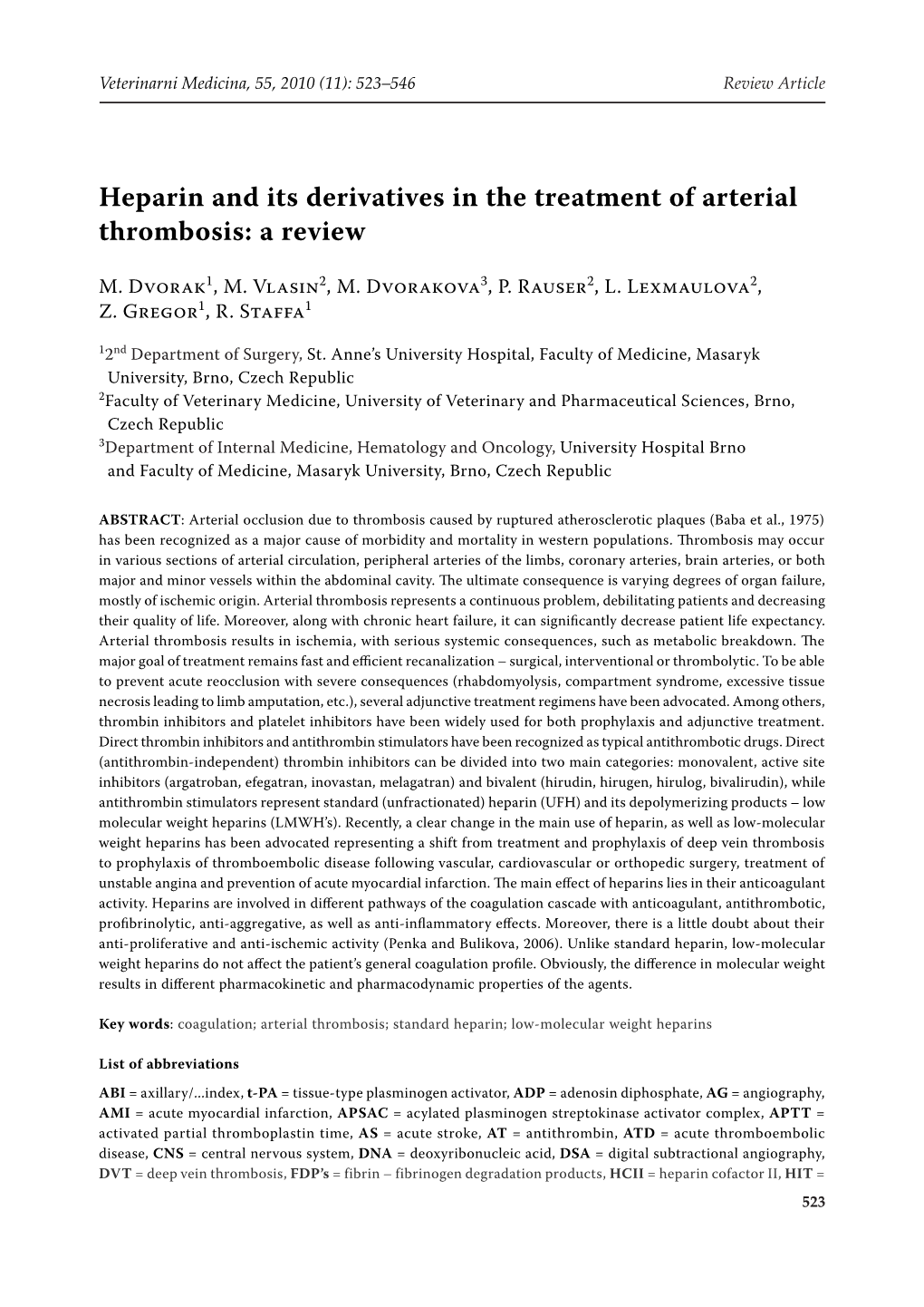 Heparin and Its Derivatives in the Treatment of Arterial Thrombosis: a Review