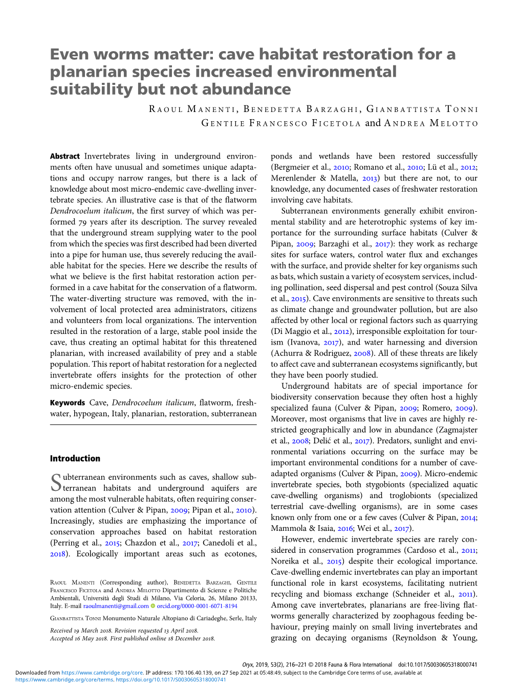 Even Worms Matter: Cave Habitat Restoration for a Planarian Species Increased Environmental Suitability but Not Abundance