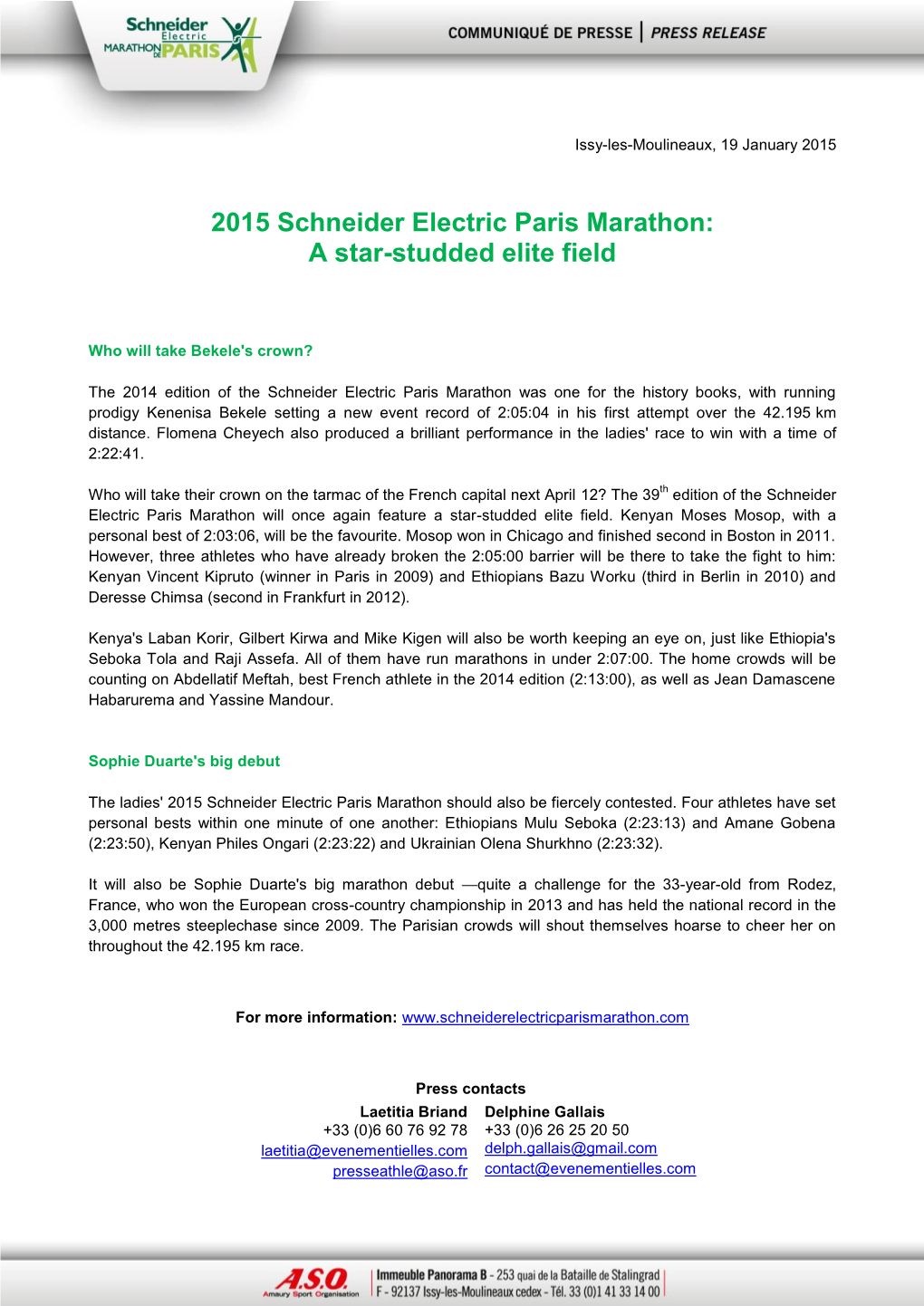 2015 Schneider Electric Paris Marathon: a Star-Studded Elite Field