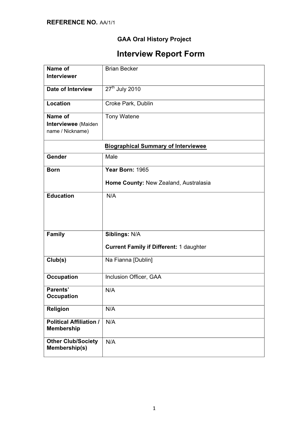 GAA Oral History Project Interview Report Form