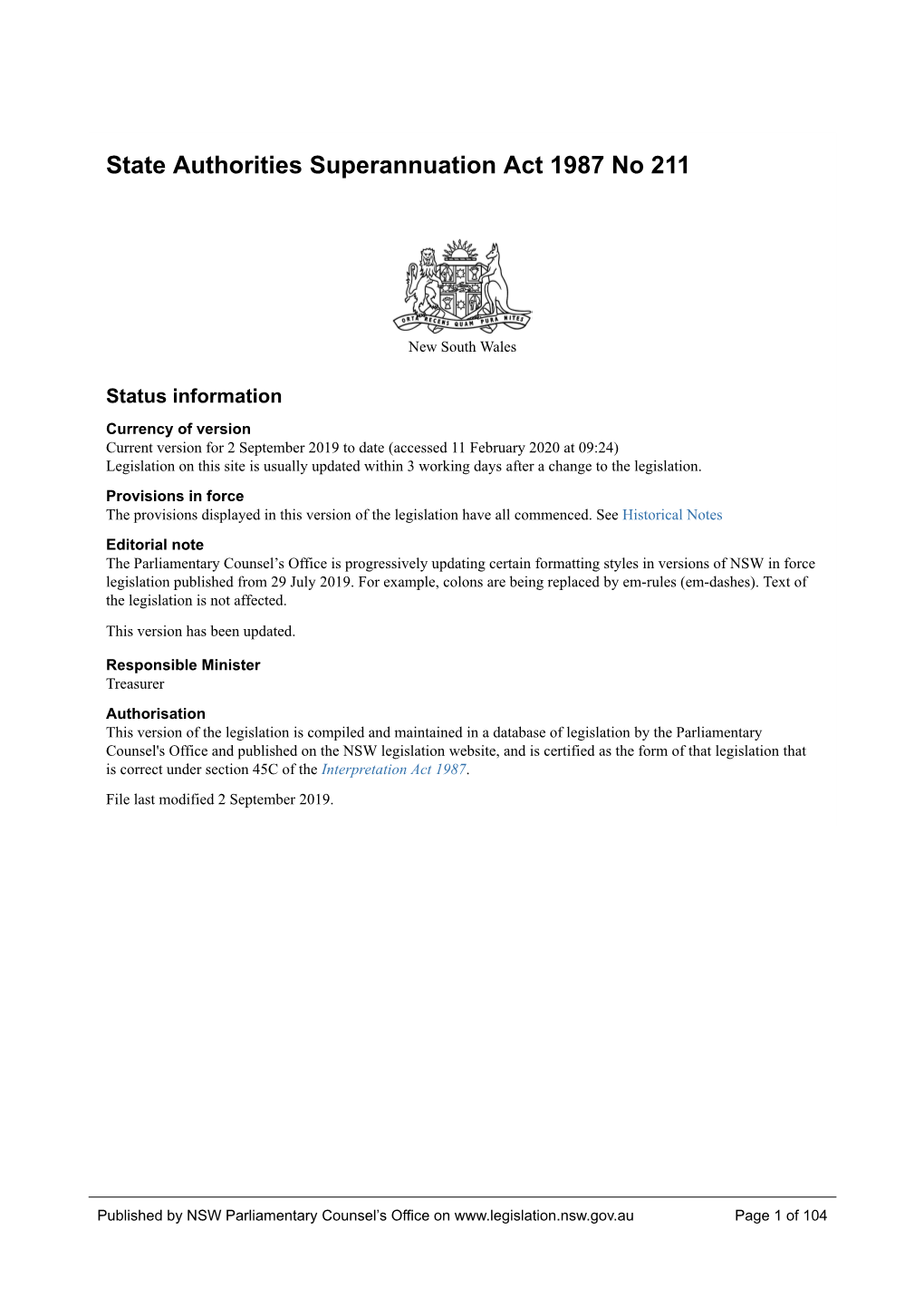 NSW Legislation Website, and Is Certified As the Form of That Legislation That Is Correct Under Section 45C of the Interpretation Act 1987