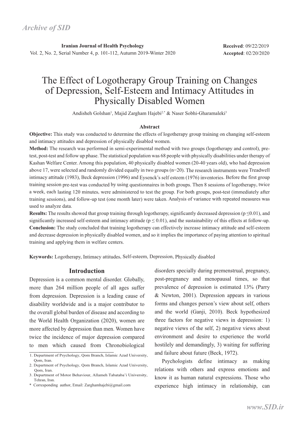 The Effect of Logotherapy Group Training on Changes of Depression