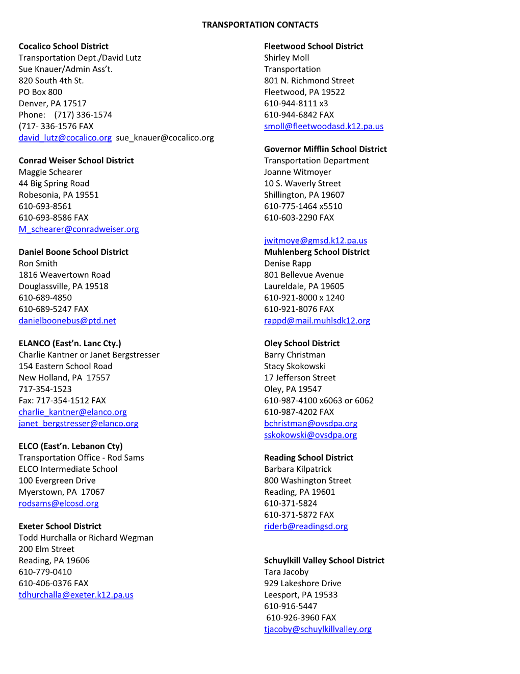 TRANSPORTATION CONTACTS Cocalico School District