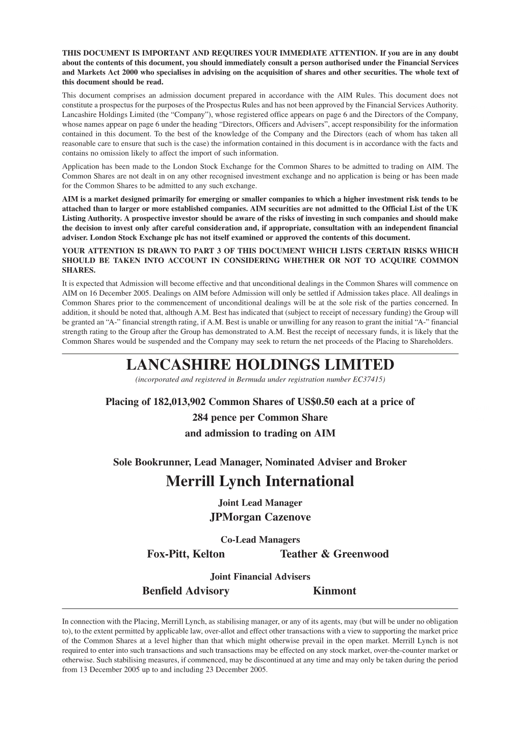 Lancashire Holdings Limited – AIM Admission