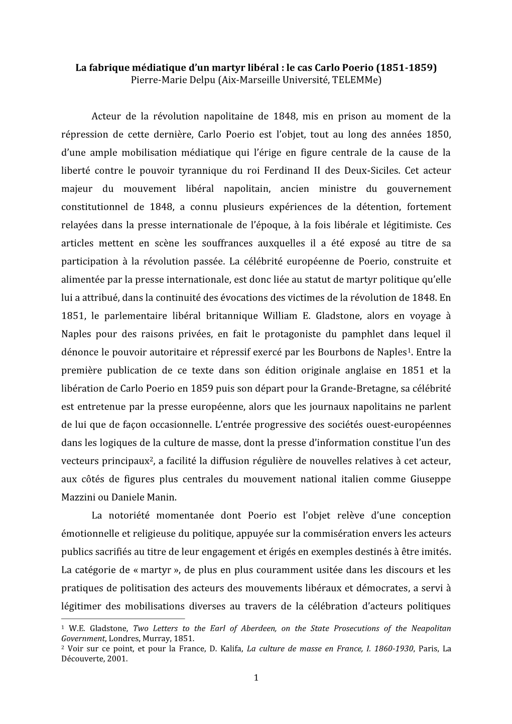 La Fabrique Médiatique D'un Martyr Libéral : Le Cas Carlo Poerio (1851