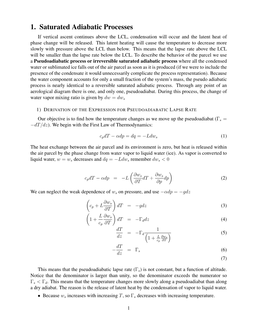 1. Saturated Adiabatic Processes If Vertical Ascent Continues Above the LCL, Condensation Will Occur and the Latent Heat of Phase Change Will Be Released