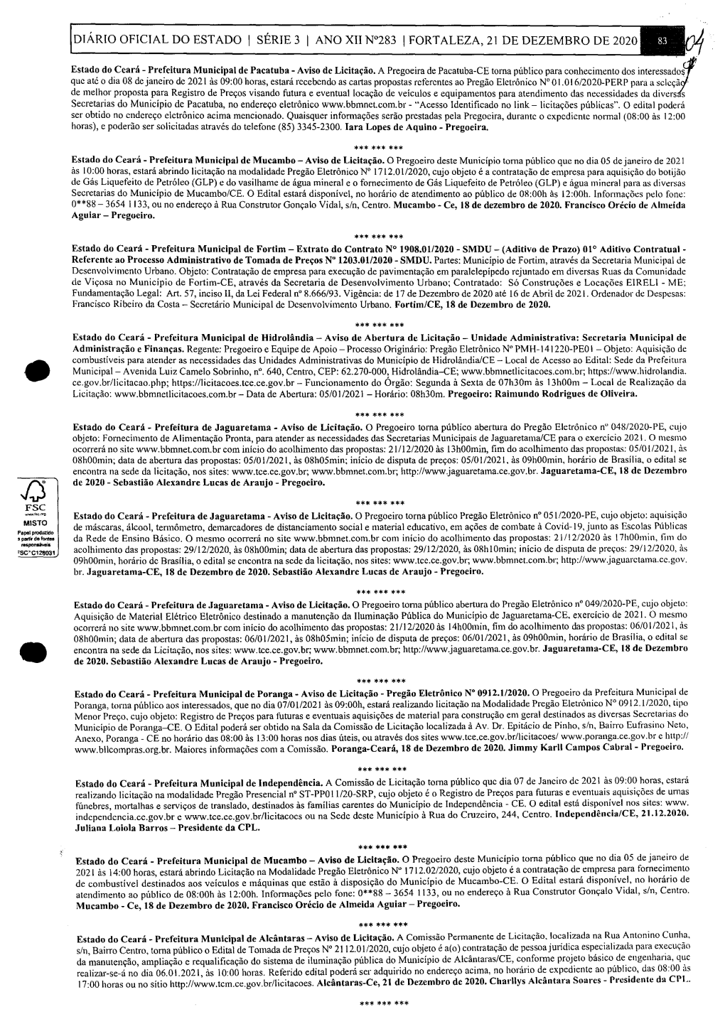 Diário Oficial Do Estado 1 Série 3 1 Ano Xii N-283 1 Fortaleza, 21 De Dezembro De 2020